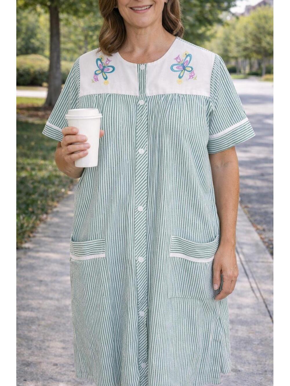 Anthony Richards Snap Up House Dress Striped Green Short Sleeve Nightgown Medium